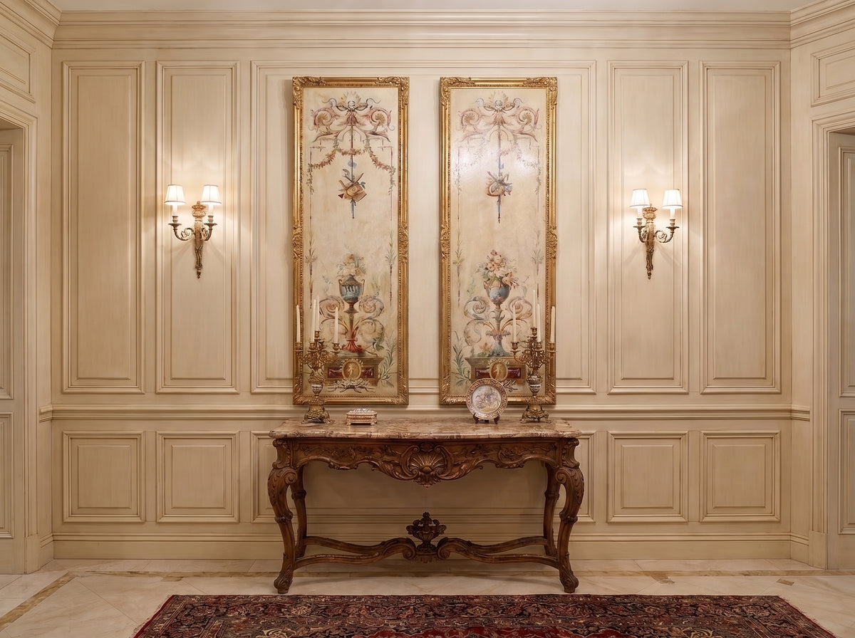Hand-carved gilded wood frame with rocaille scroll detailing, styled in an entrance setting.