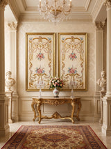 Hand-carved gilded wood frame with château scroll detailing, styled in an entrance gallery setting.
