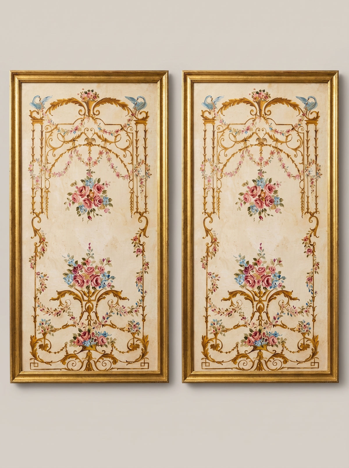 Hand-carved gilded wood frame with château scroll detailing, styled in an entrance gallery setting.