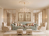 Hand-carved gilded wood frame with duo panel detailing, styled in a salon wall setting.