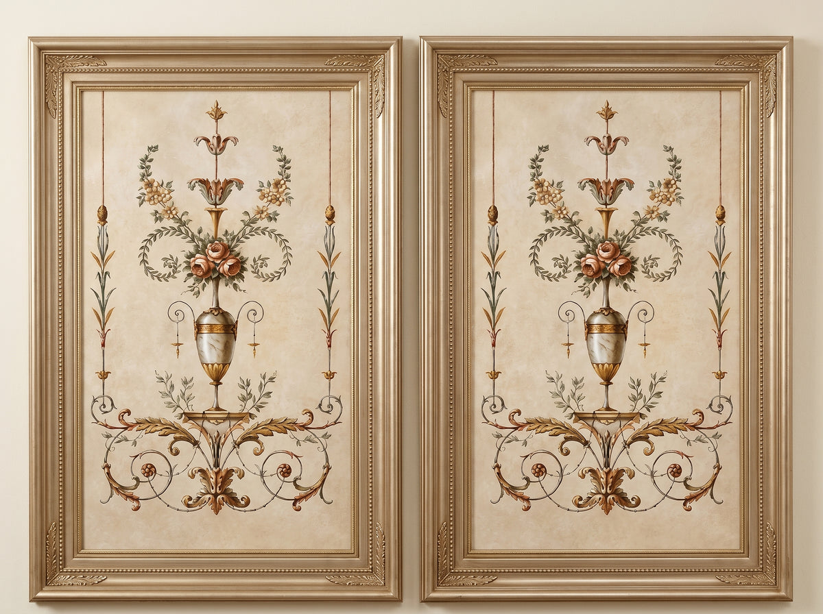 Pair of hand-carved gilded Fontainebleau art frames with floral urn panels.