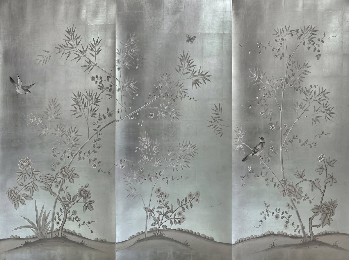 Hand-painted 23-karat gold leaf wallcovering panel featuring the Teal Pagoda Hallway motif, installed in a hallway setting.