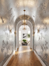 Hand-painted 23-karat gold leaf wallcovering panel featuring the Teal Pagoda Hallway motif, installed in a hallway setting.