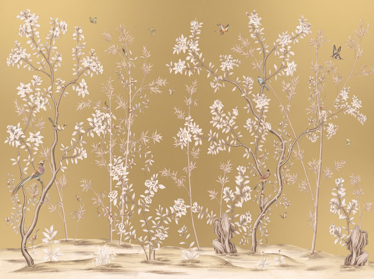 Hand-painted 23-karat gold leaf wallcovering panel featuring the Marbled Gilt Bath motif, installed in a primary bathroom setting.