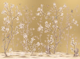 Hand-painted 23-karat gold leaf wallcovering panel featuring the Marbled Gilt Bath motif, installed in a primary bathroom setting.