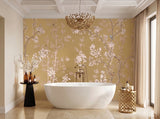 Hand-painted 23-karat gold leaf wallcovering panel featuring the Marbled Gilt Bath motif, installed in a primary bathroom setting.