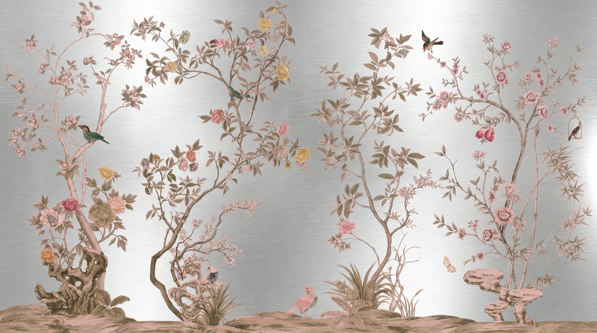 Hand-painted 23-karat gold leaf wallcovering panel featuring the Neoclassical Gilt Bloom motif, installed in an entrance setting.