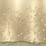Hand-painted 23-karat gold leaf wallcovering panel featuring the Gilded Boudoir Damask motif, installed in a boudoir setting.