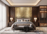 Hand-painted 23-karat gold leaf wallcovering panel featuring the Gilded Boudoir Damask motif, installed in a boudoir setting.
