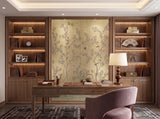 Hand-painted 23-karat gold leaf wallcovering panel featuring the Chinoiserie Study Panel motif, installed in a study setting.