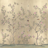 Hand-painted 23-karat gold leaf wallcovering panel featuring the Chinoiserie Study Panel motif, installed in a study setting.