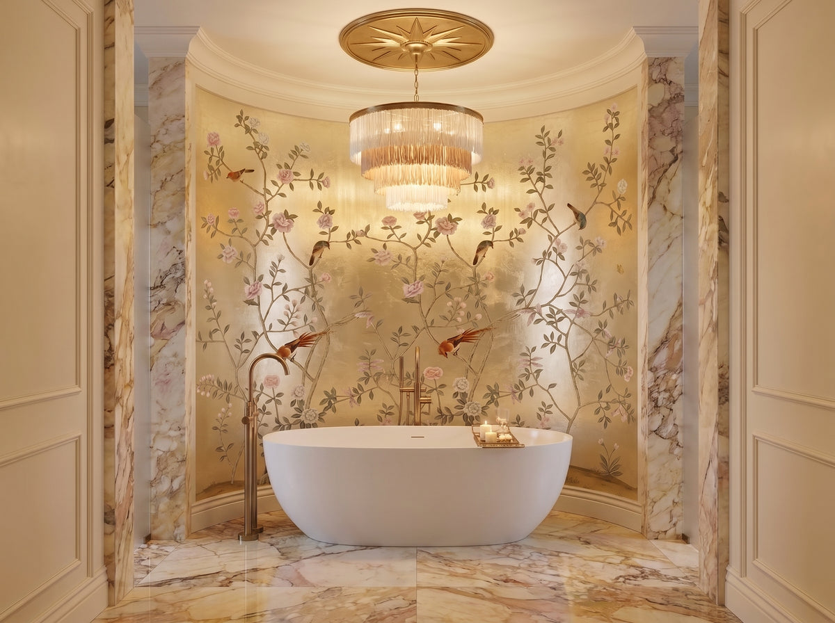 Hand-painted 23-karat gold leaf wallcovering panel featuring the Freestanding Tub Gilt Bath motif, installed in a primary bathroom setting.