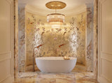 Hand-painted 23-karat gold leaf wallcovering panel featuring the Freestanding Tub Gilt Bath motif, installed in a primary bathroom setting.
