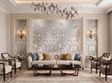 Hand-painted 23-karat gold leaf wallcovering panel featuring the Living Room Gilt Motif motif, installed in a living room setting.