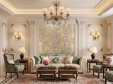 Hand-painted 23-karat gold leaf wallcovering panel featuring the Salon Gilt Reverie motif, installed in a salon setting.