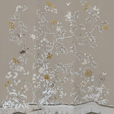 Hand-painted natural mulberry silk wallcovering featuring the Cranes & Blossom Silk motif on silk ground, shown in a dining room application.