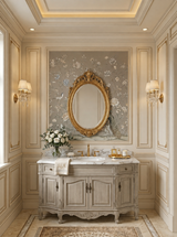 Hand-painted natural mulberry silk wallcovering featuring the Cranes & Blossom Silk motif on silk ground, shown in a dining room application.