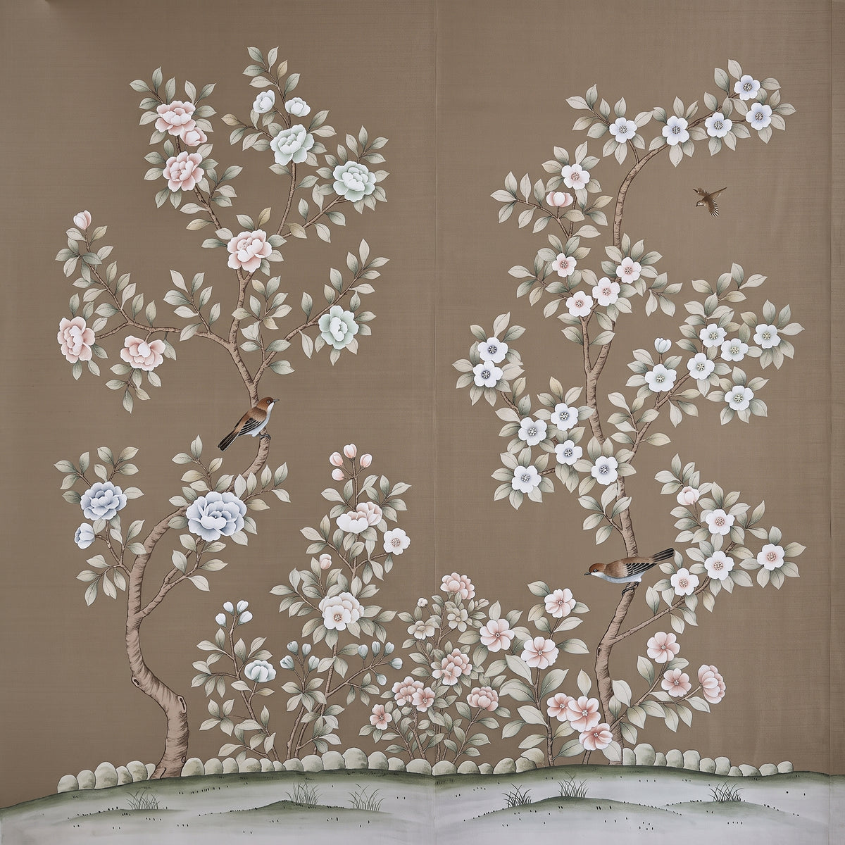 Hand-painted natural mulberry silk wallcovering featuring the Willow & Wren Silk motif on silk ground, shown in a dining room application.