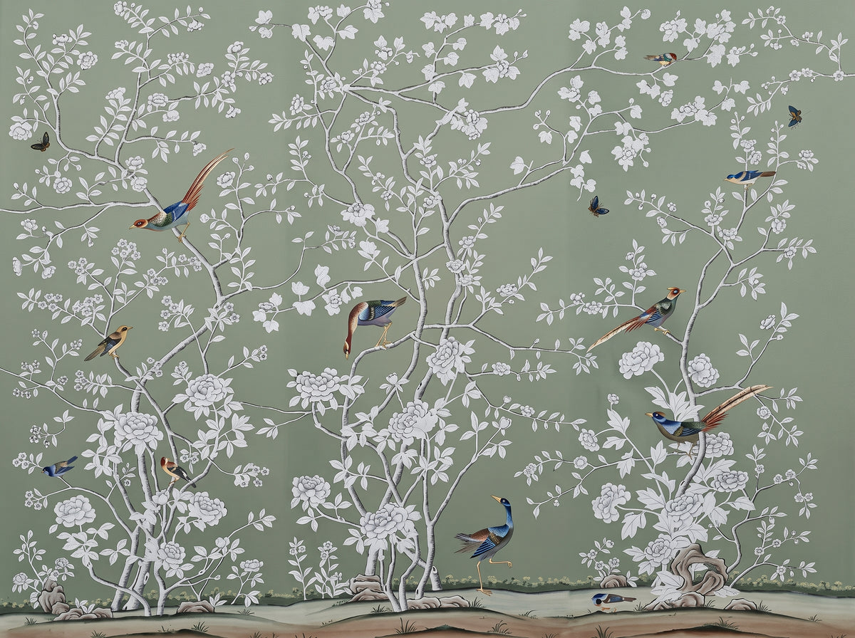 Hand-painted natural mulberry silk wallcovering featuring the Songbird Botanica Silk motif on silk ground, shown in a dining room application.