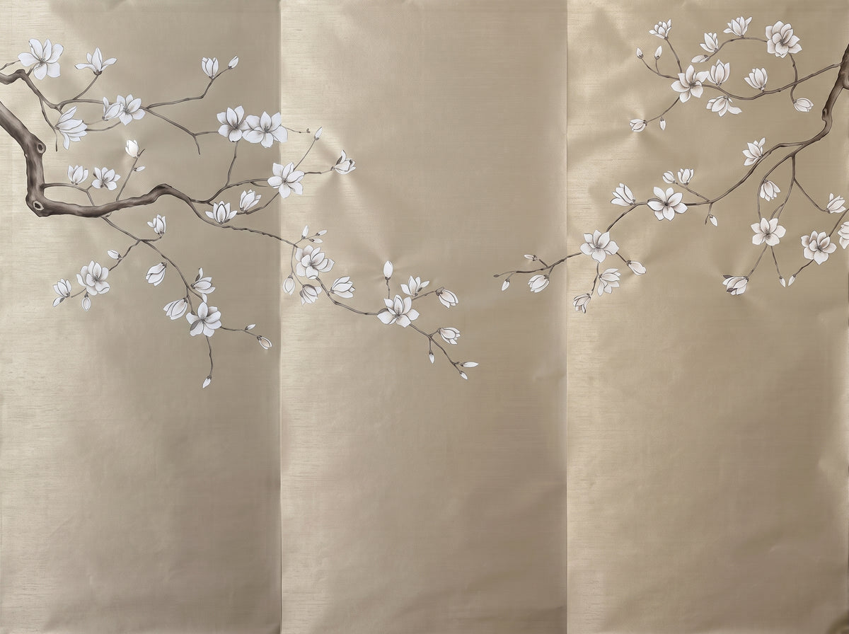Hand-painted natural mulberry silk wallcovering featuring the Blossom Branch Silk motif on silk ground, shown in a dining room application.