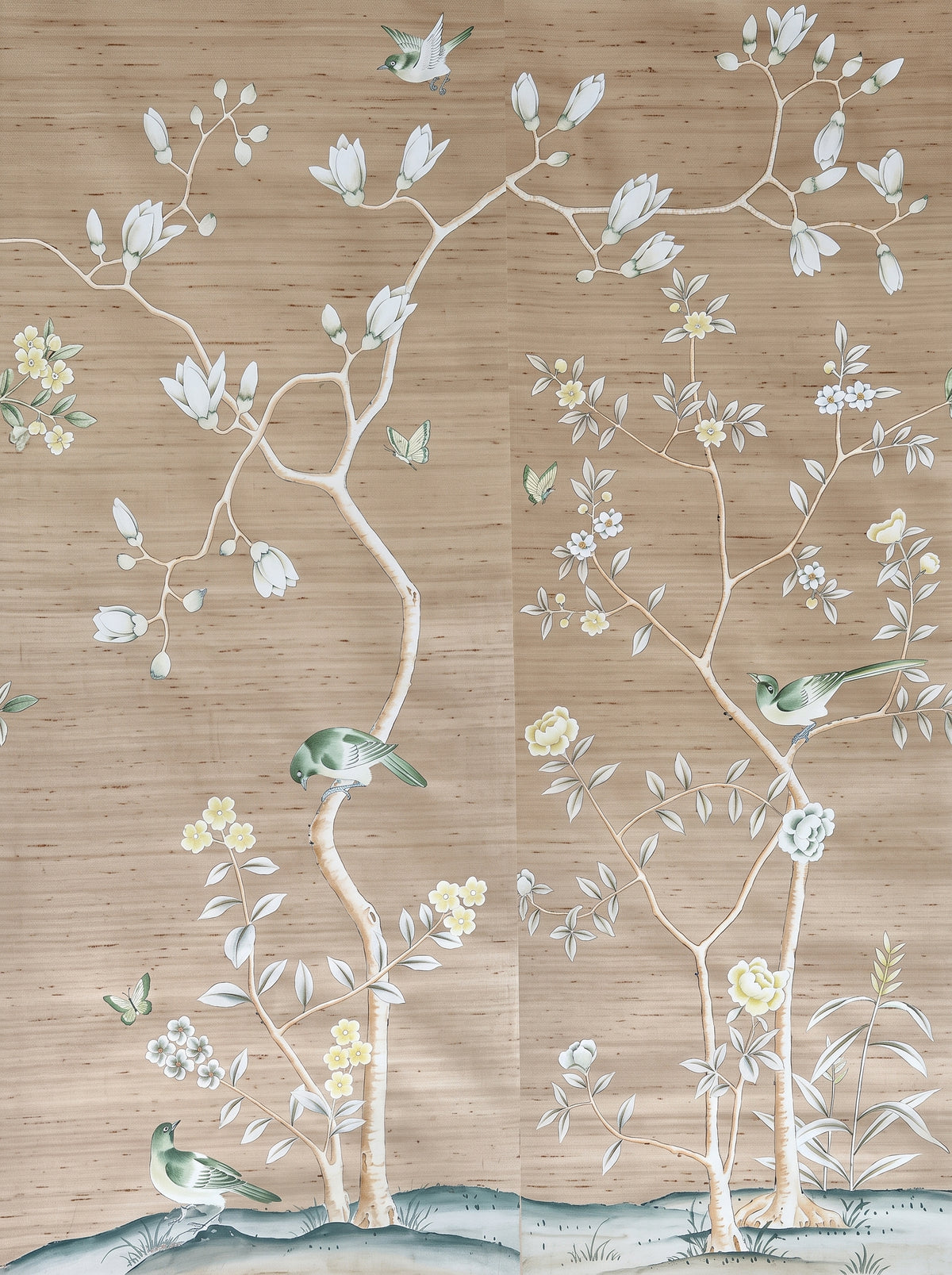 Hand-painted natural mulberry silk wallcovering featuring the Aviary Study Silk motif on silk ground, shown in a study application.