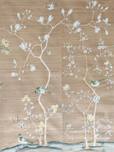 Hand-painted natural mulberry silk wallcovering featuring the Aviary Study Silk motif on silk ground, shown in a study application.