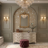 Hand-painted natural mulberry silk wallcovering featuring the Aviary Study Silk motif on silk ground, shown in a study application.
