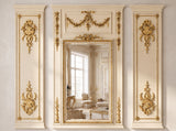 Hand-carved gilded Venetian mirror with oval Venetian frame, styled in a dining room setting.
