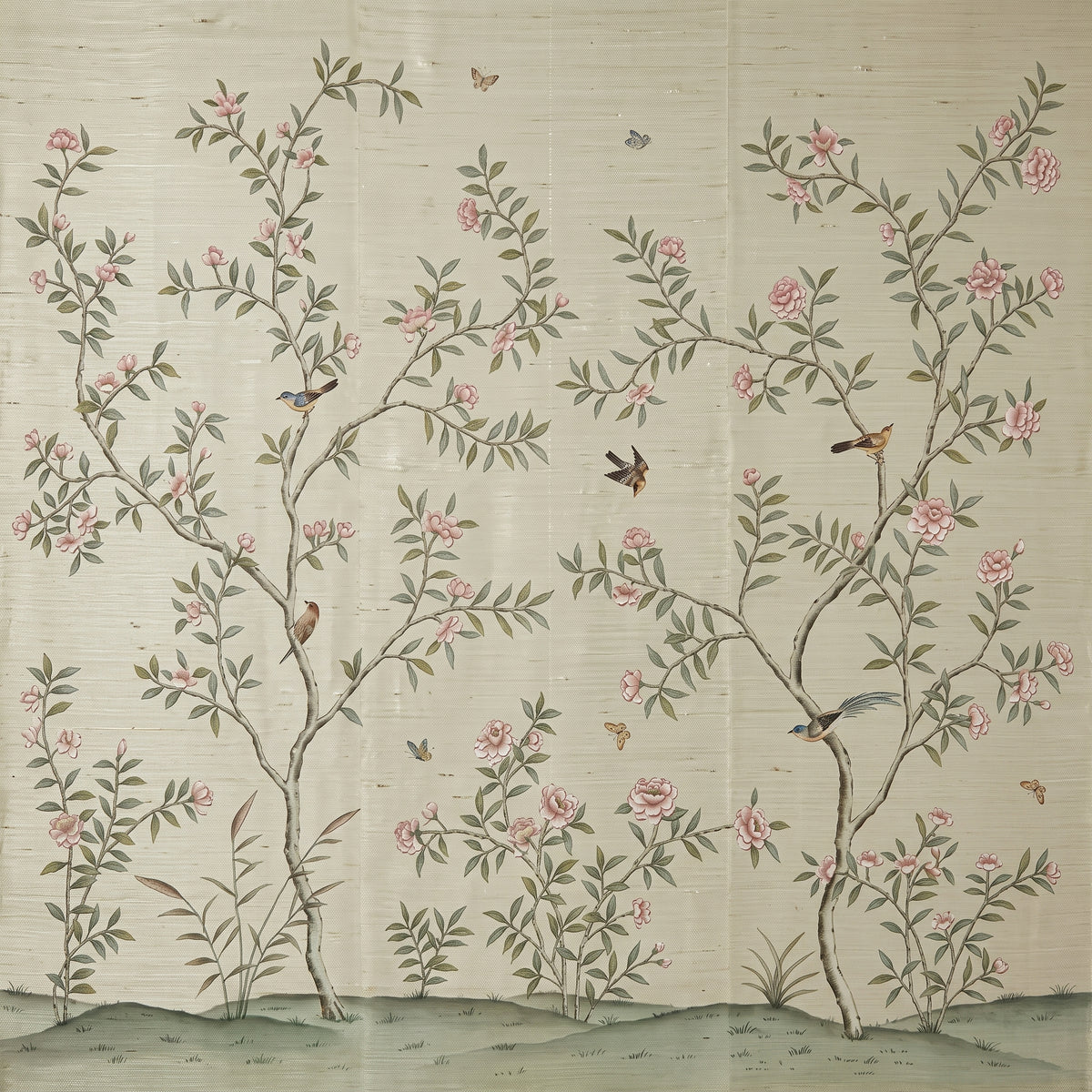 Hand-painted natural mulberry silk wallcovering featuring the Provincial Aviary Silk motif on silk ground, shown in a dining room application.