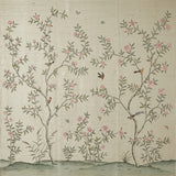 Hand-painted natural mulberry silk wallcovering featuring the Provincial Aviary Silk motif on silk ground, shown in a dining room application.
