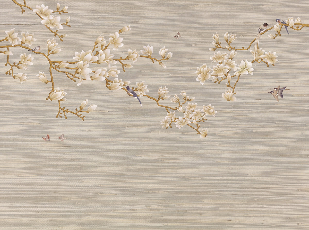 Hand-painted natural mulberry silk wallcovering featuring the Meiying Garden Silk motif on silk ground, shown in a dining room application.