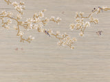 Hand-painted natural mulberry silk wallcovering featuring the Meiying Garden Silk motif on silk ground, shown in a dining room application.