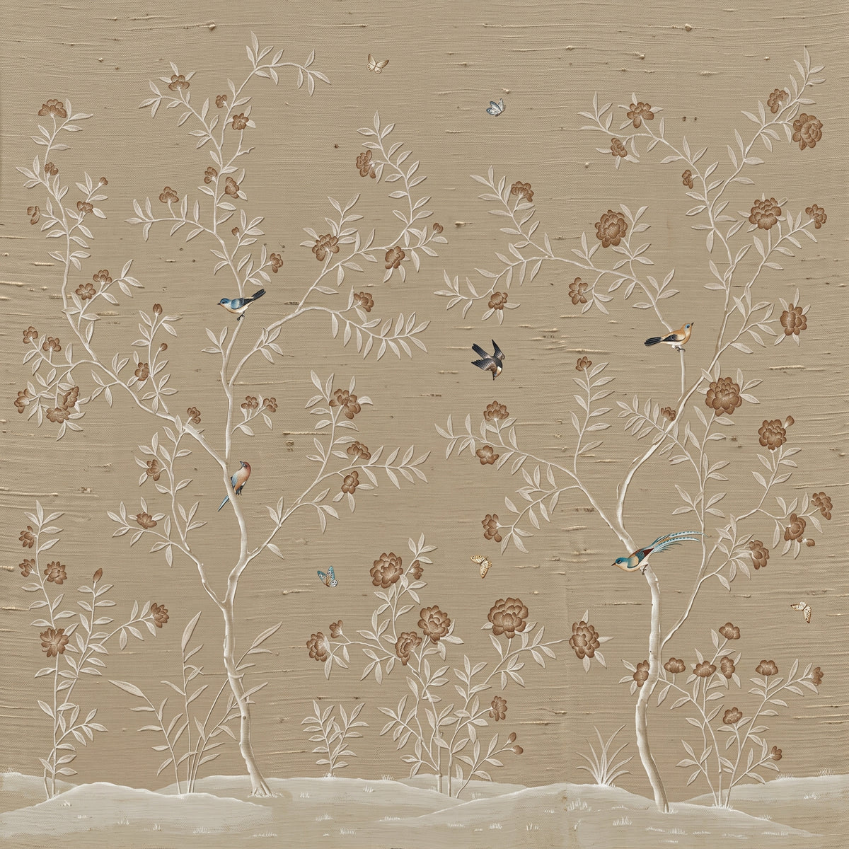 Hand-painted natural mulberry silk wallcovering featuring the Perched Branch Silk motif on silk ground, shown in a dining room application.