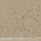 Hand-painted natural mulberry silk wallcovering featuring the Perched Branch Silk motif on silk ground, shown in a dining room application.