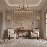Hand-painted natural mulberry silk wallcovering featuring the Perched Branch Silk motif on silk ground, shown in a dining room application.
