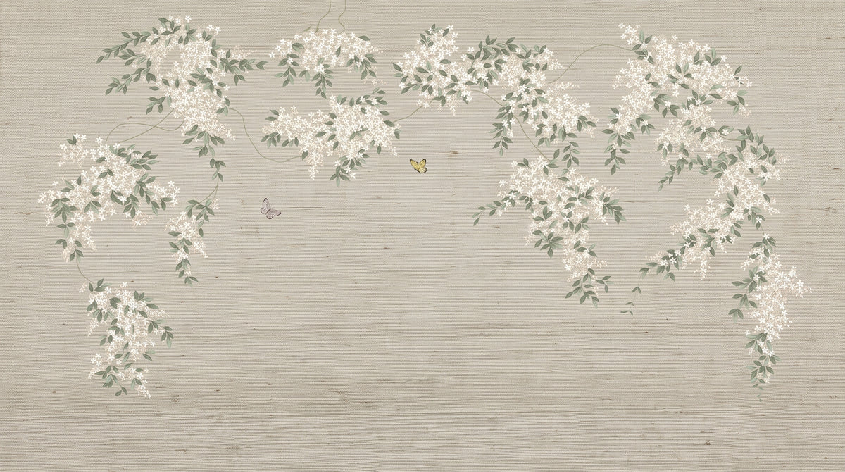 Versailles Bloom hand-painted natural silk wallcovering detail with pale floral branches.