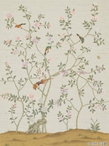 Hand-painted natural mulberry silk wallcovering featuring the Entryway Blossom Silk motif on silk ground, shown in an entryway application.
