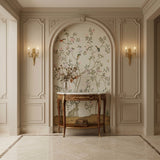 Hand-painted natural mulberry silk wallcovering featuring the Entryway Blossom Silk motif on silk ground, shown in an entryway application.