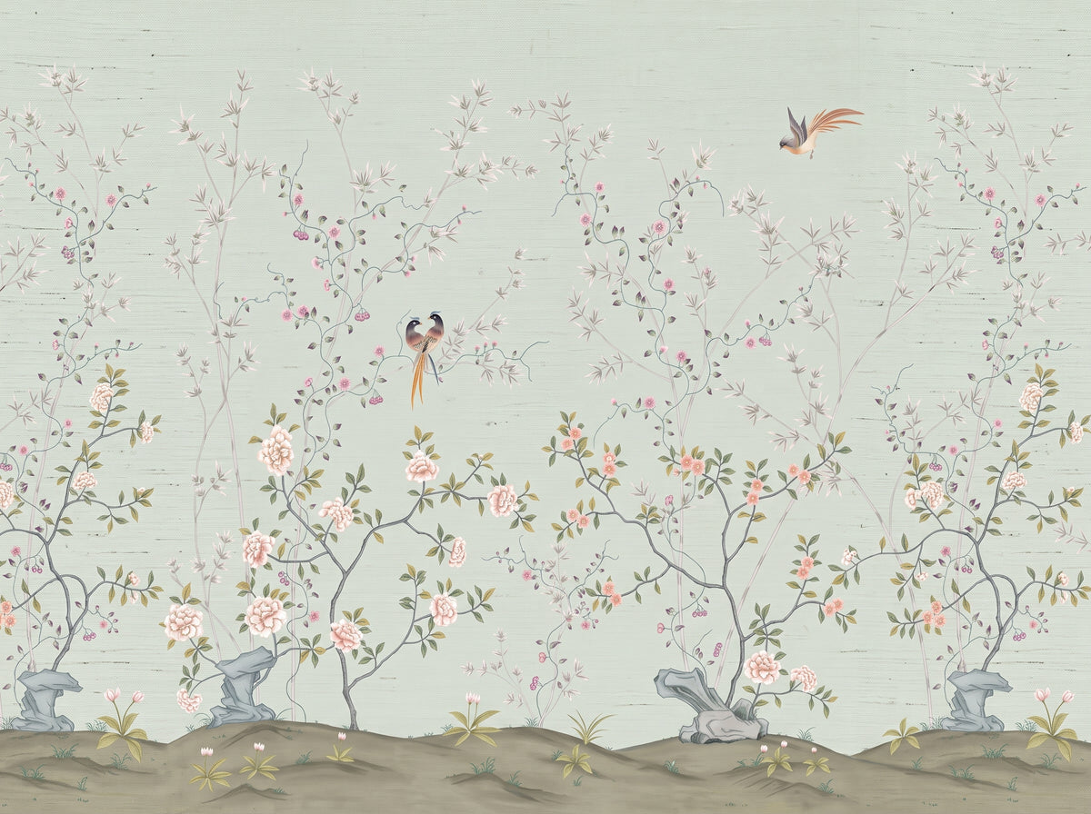Hand-painted natural mulberry silk wallcovering featuring the Imperial Chinoiserie Silk motif on silk ground, shown in a dining room application.