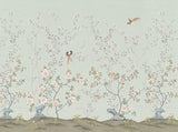 Hand-painted natural mulberry silk wallcovering featuring the Imperial Chinoiserie Silk motif on silk ground, shown in a dining room application.
