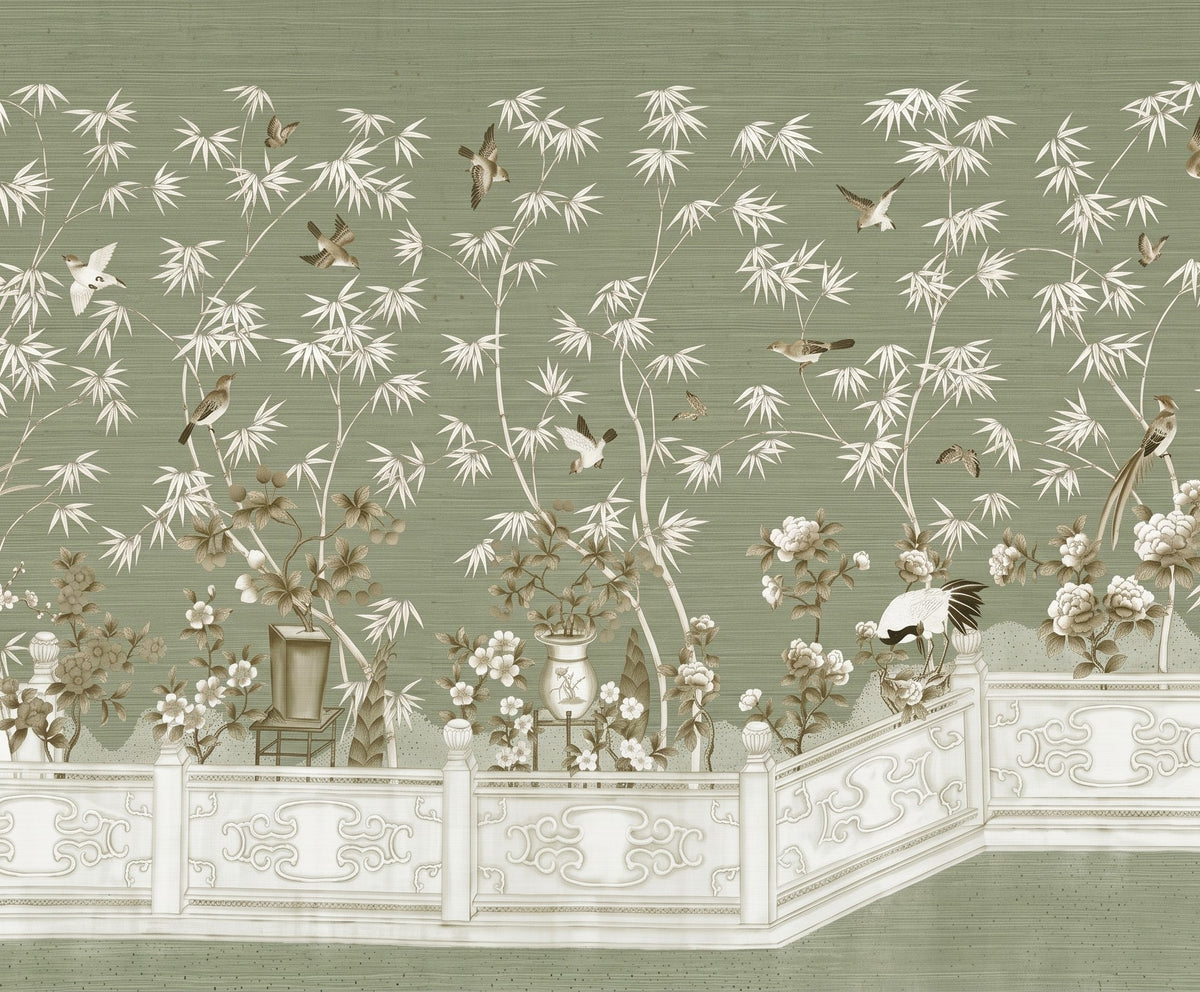 Peony Pavilion natural silk wallcovering detail with hand-painted blossoms.