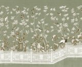 Peony Pavilion natural silk wallcovering detail with hand-painted blossoms.