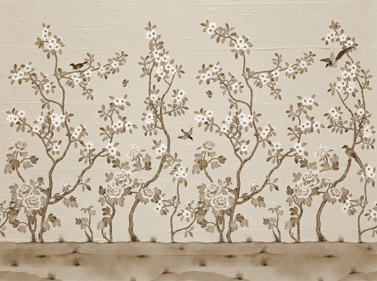 Foyer Chinoiserie natural silk wallcovering detail with birds and flowers.