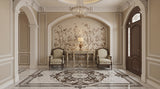 Hand-painted natural mulberry silk wallcovering featuring the Foyer Chinoiserie Silk motif on silk ground, shown in a foyer application.