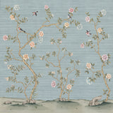 Orchard Branch natural silk wallcovering detail with birds and flowering branches.