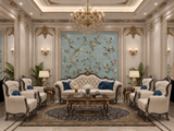 Hand-painted natural mulberry silk wallcovering featuring the Orchard Branch Silk motif on silk ground, shown in a dining room application.