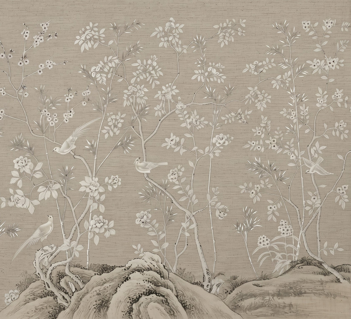 Lantern Garden natural silk wallcovering detail with birds and flowers.