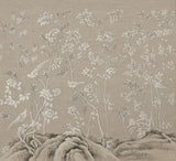 Lantern Garden natural silk wallcovering detail with birds and flowers.
