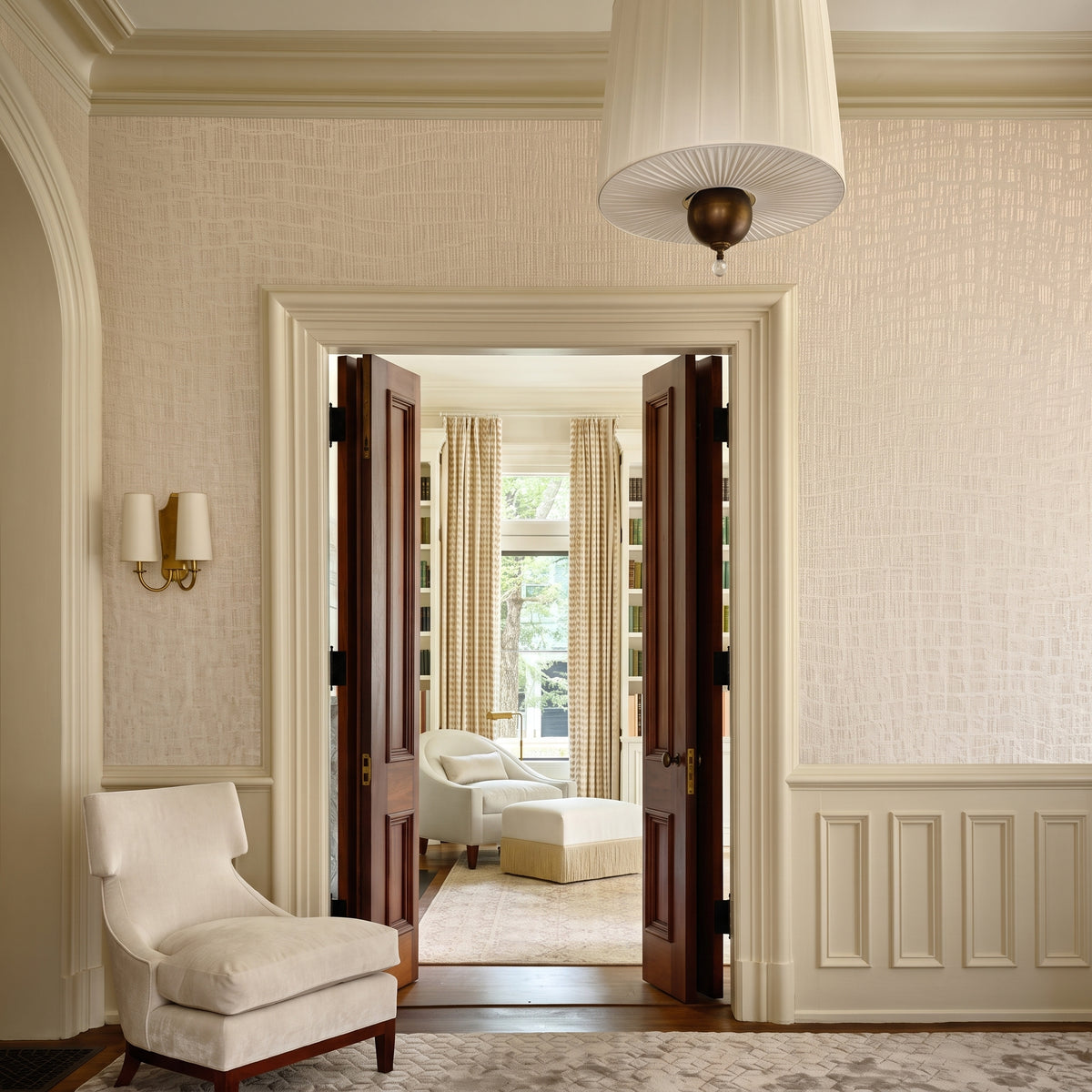 Vinyl-print wallcovering in a fine open lattice-weave motif on blush-ivory ground, shown as a product swatch.