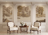 Hand-painted panelled mural wallcovering depicting French sitting nook toile in soft tones, installed across a sitting nook.